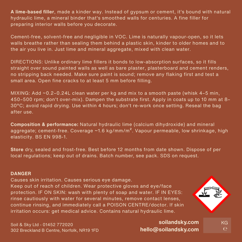 Soil & Sky Natural Mineral Filler back label with usage and safety information