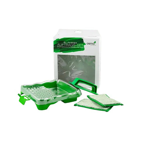 Osmo Oil Finish Applicator Set in its box with tray, hand pad holder and applicator fleeces